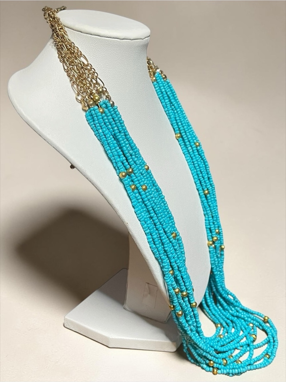 Turquoise Multi-Strand Seed Bead Necklace with Gold-Tone Accents